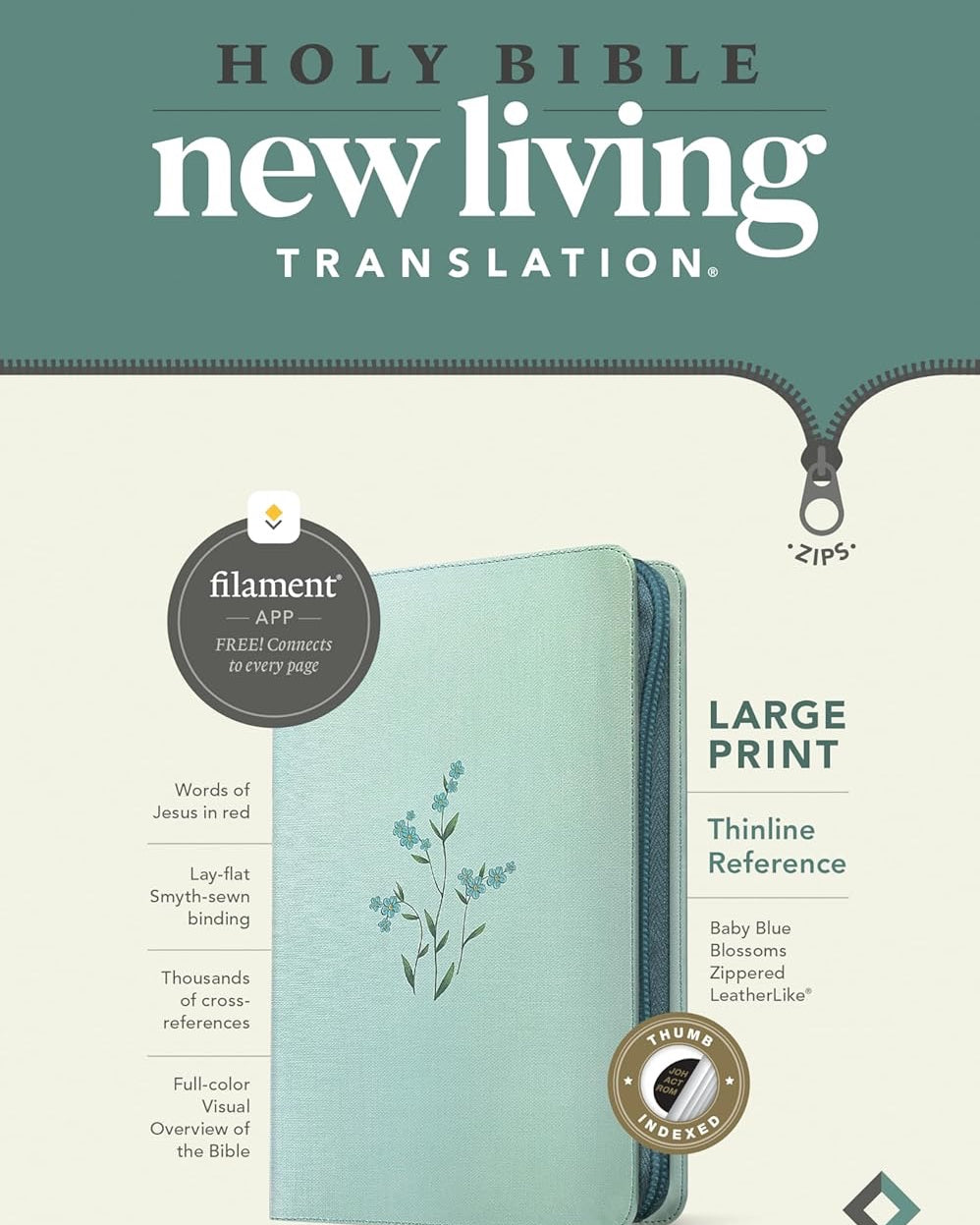 NLT Large Print Zippered Thinline Reference Bible, Indexed, Baby Blue Blossoms