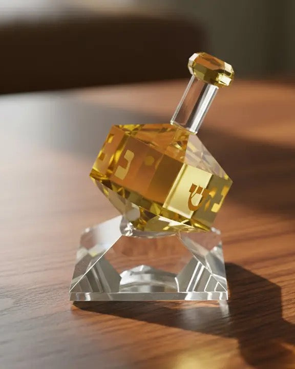 Hand Crafted Amber Crystal Dreidel On Stand, H3"