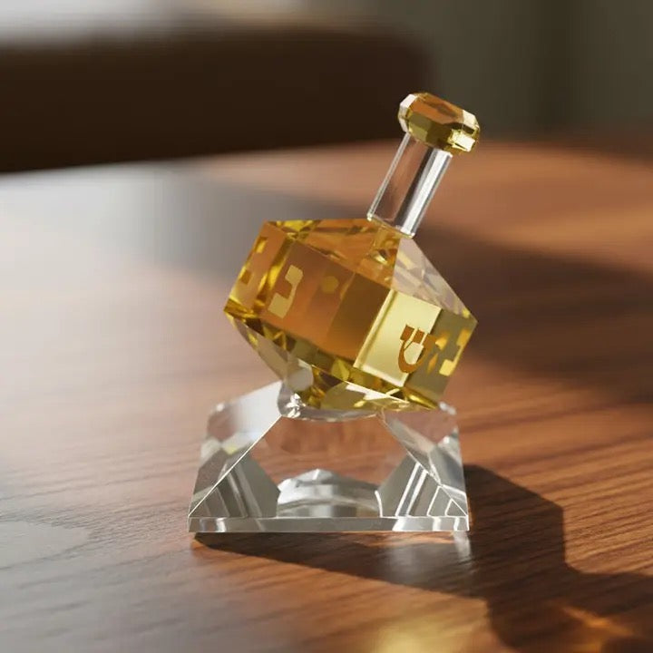 Hand Crafted Amber Crystal Dreidel On Stand, H3"