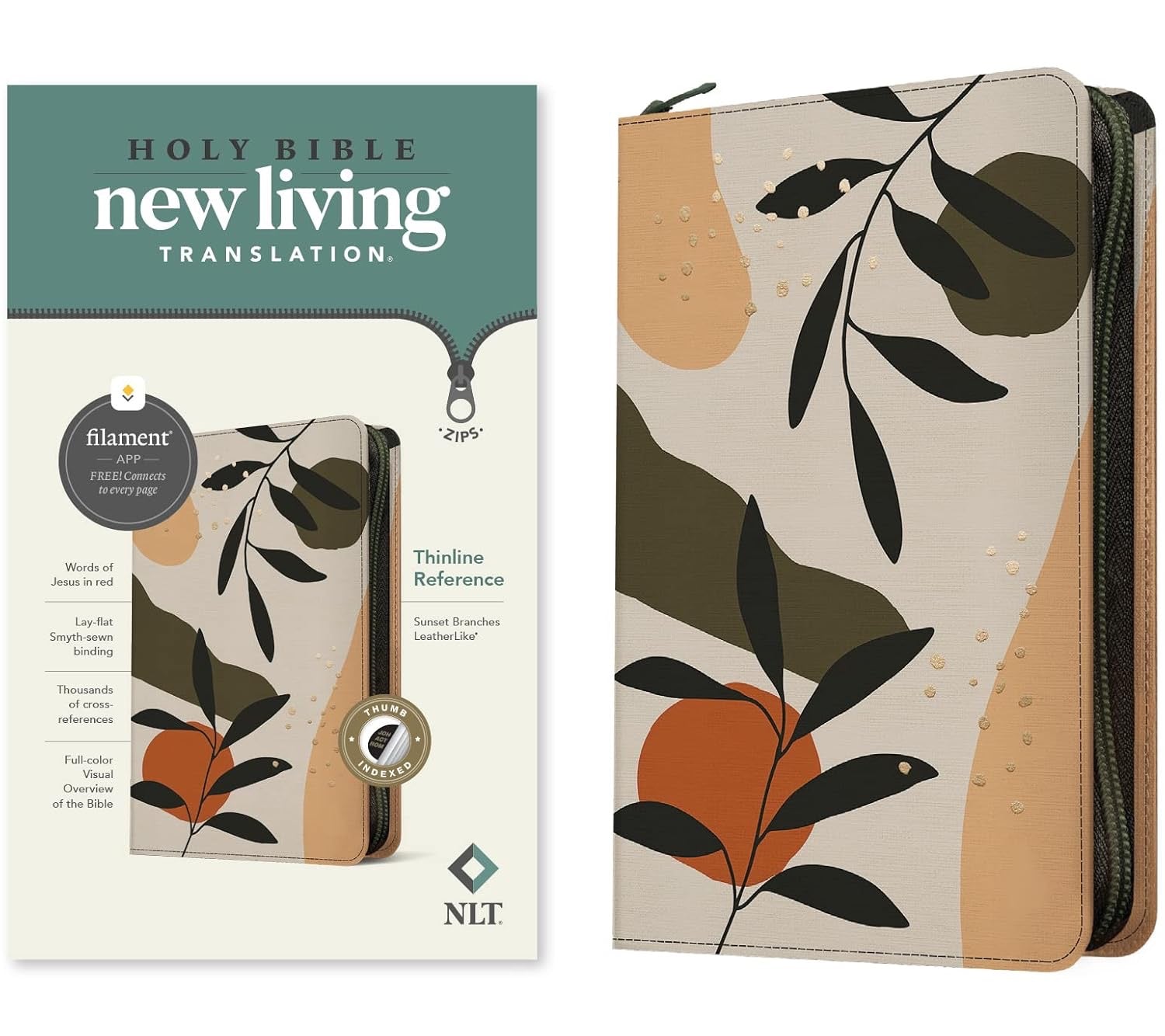 NLT Thinline Reference Zippered Bible, Indexed, Sunset Branches Leatherlike