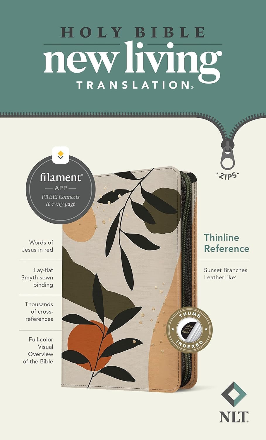 NLT Thinline Reference Zippered Bible, Indexed, Sunset Branches Leatherlike