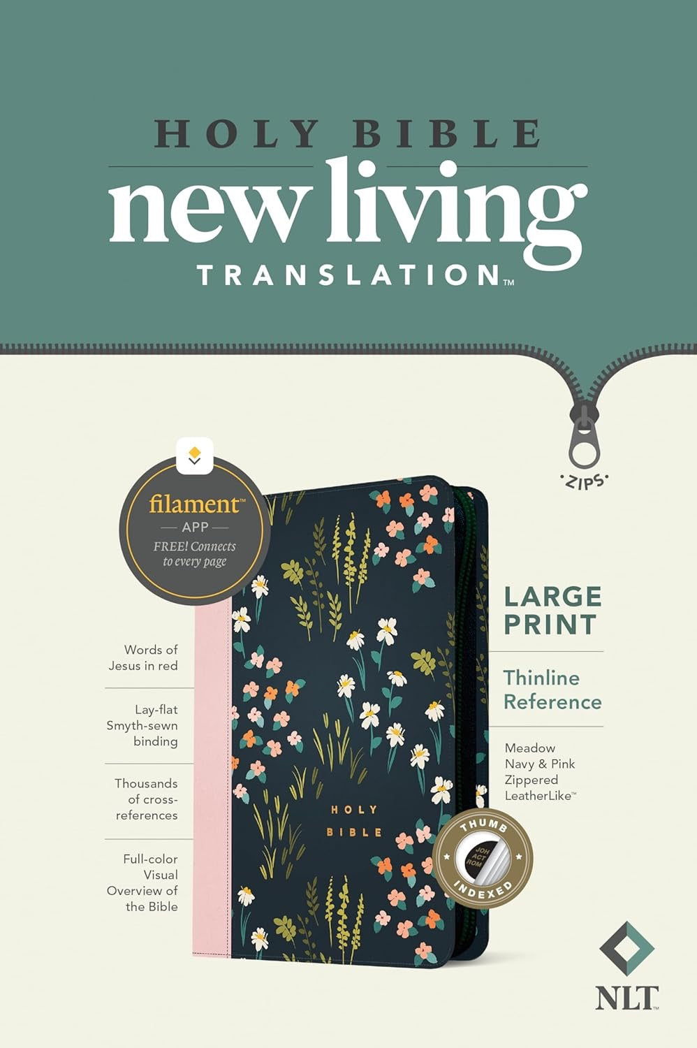 NLT Large Print Thinline Reference Bible, Indexed, Meadow Navy and Pink Zippered