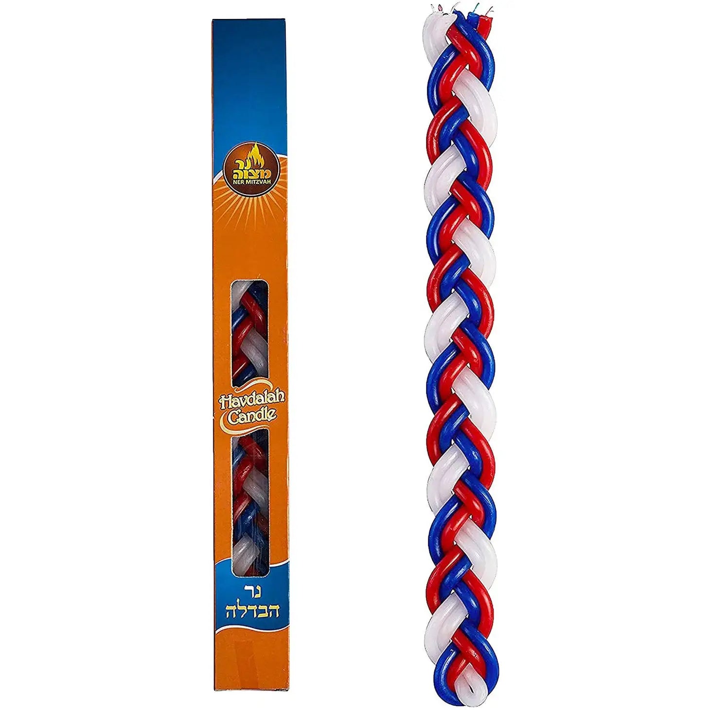 Large Braided Havdalah Candle - Flat - Blue, White & Red
