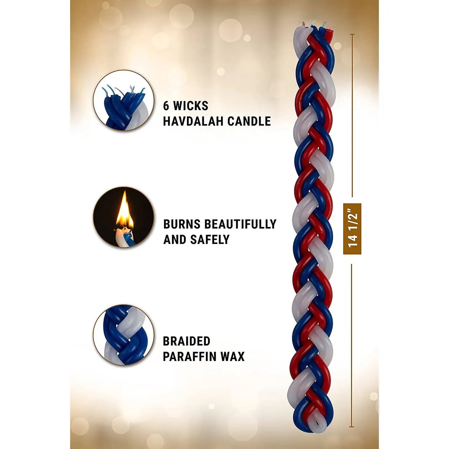 Large Braided Havdalah Candle - Flat - Blue, White & Red