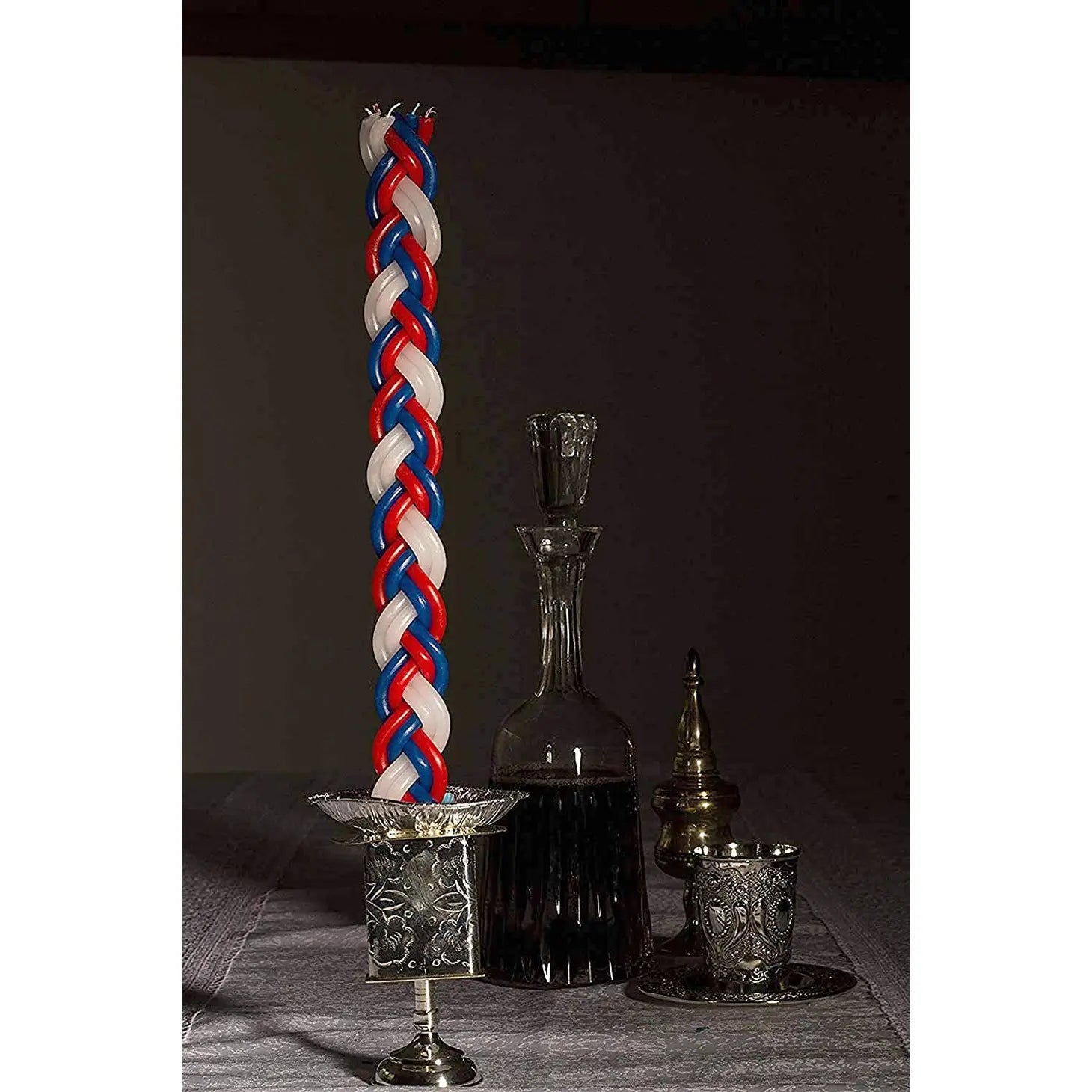 Large Braided Havdalah Candle - Flat - Blue, White & Red