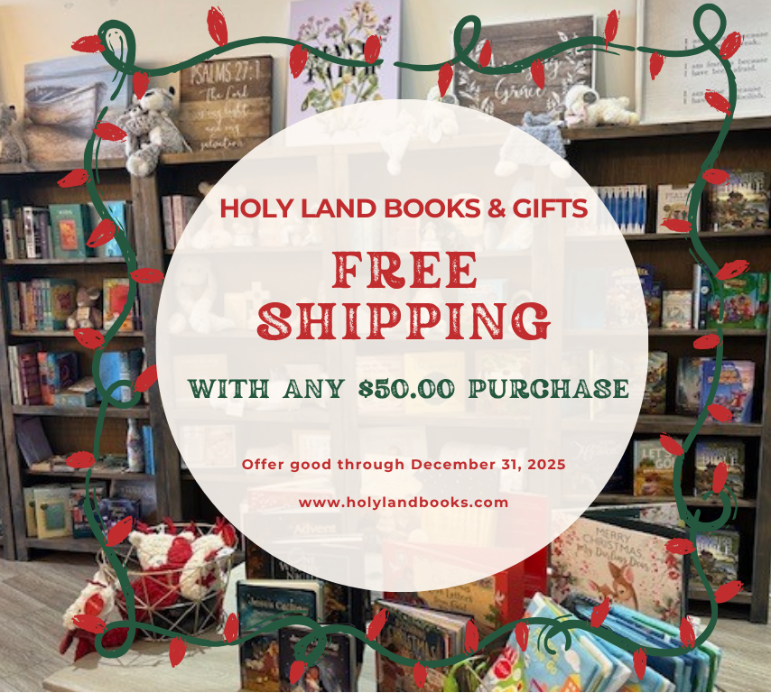 Promotional sign for Holy Land Books & Gifts with free shipping offer, surrounded by bookshelves and Christmas decorations.
