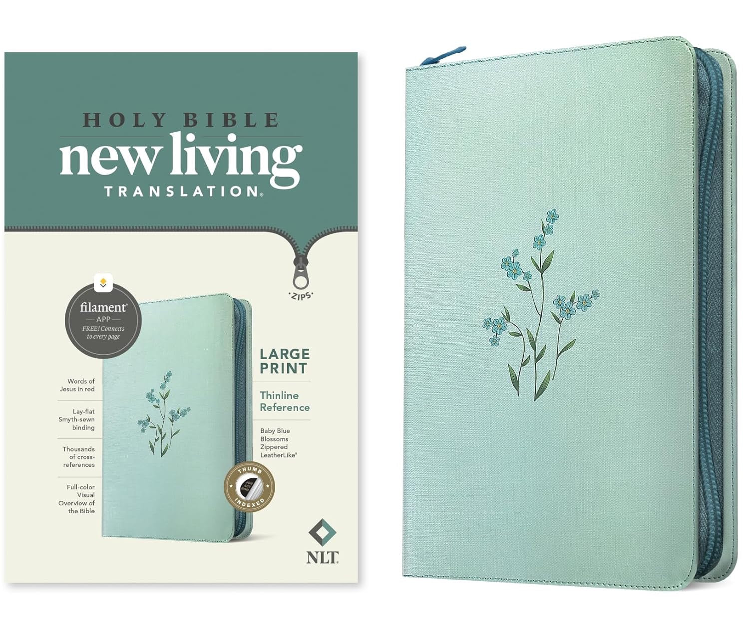 NLT Large Print Zippered Thinline Reference Bible, Indexed, Baby Blue Blossoms