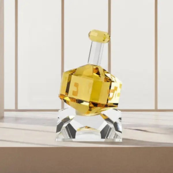 Hand Crafted Amber Crystal Dreidel On Stand, H3"