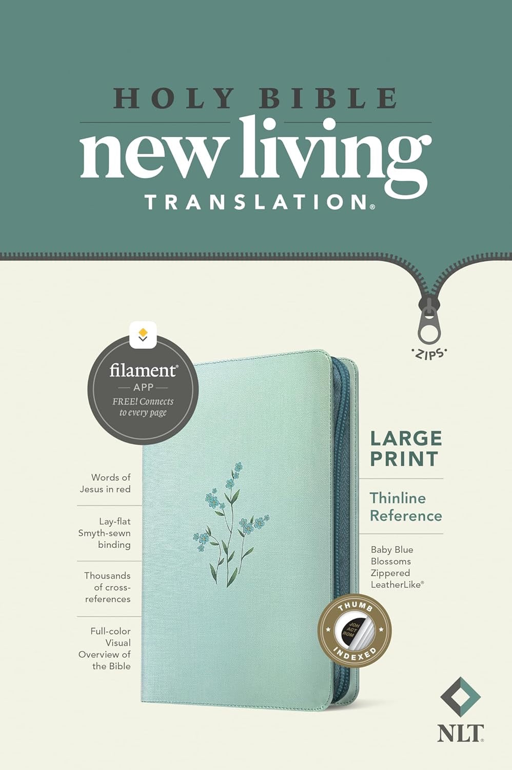 NLT Large Print Zippered Thinline Reference Bible, Indexed, Baby Blue Blossoms