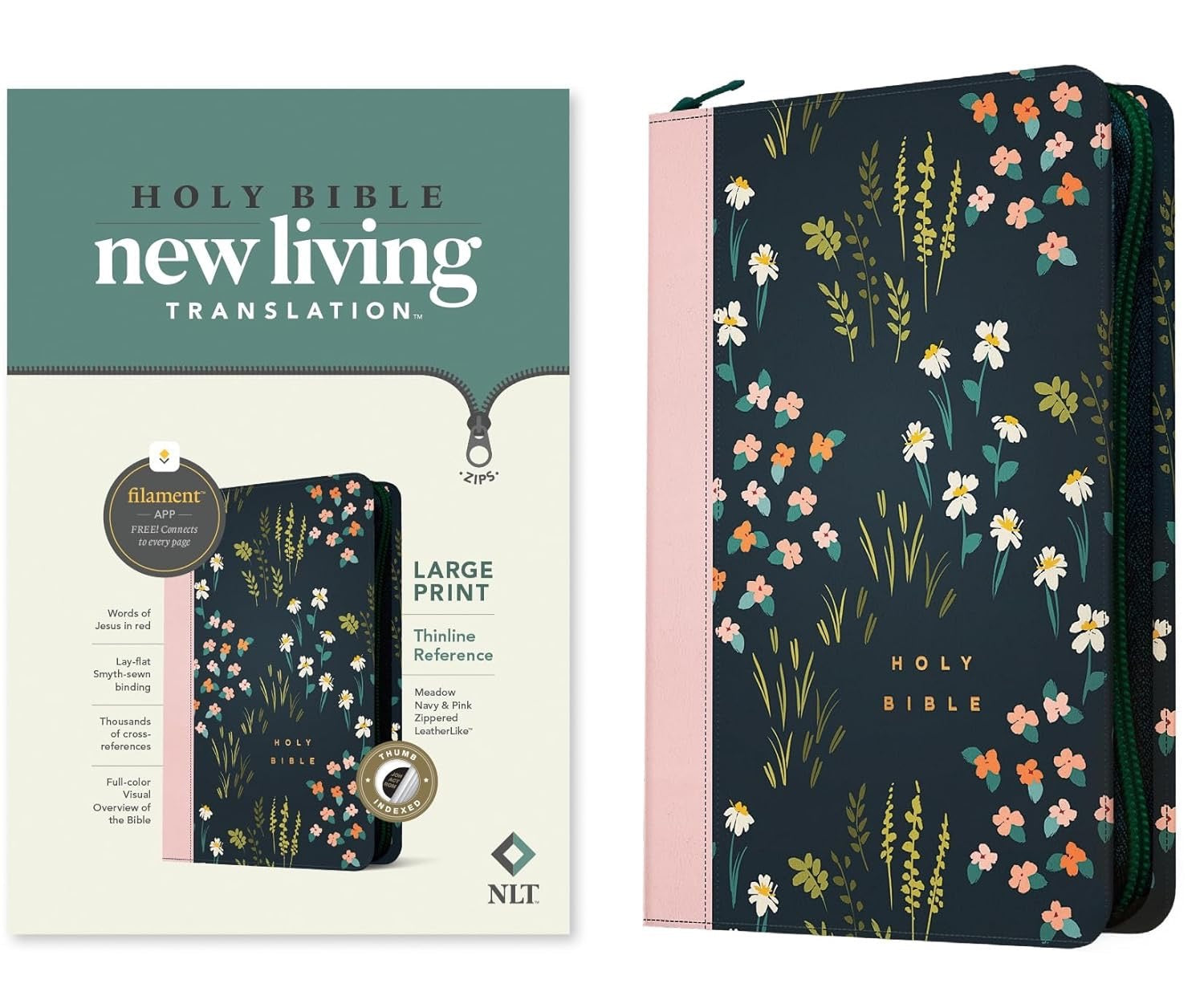NLT Large Print Thinline Reference Bible, Indexed, Meadow Navy and Pink Zippered
