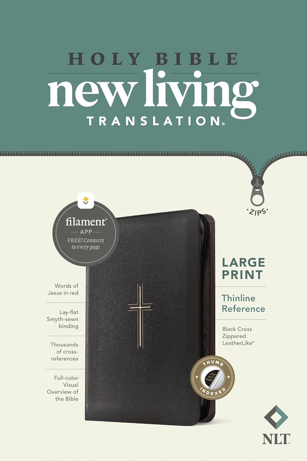 NLT Large Print Thinline Reference Zippered Bible, Indexed, Black Cross
