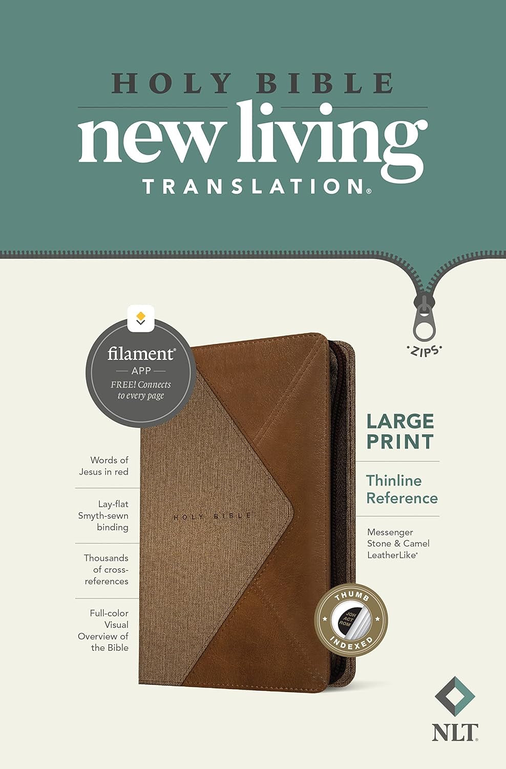 NLT Large Print Filament Thinline Zippered Reference Bible, Indexed, Messenger Stone & Camel Leatherlike