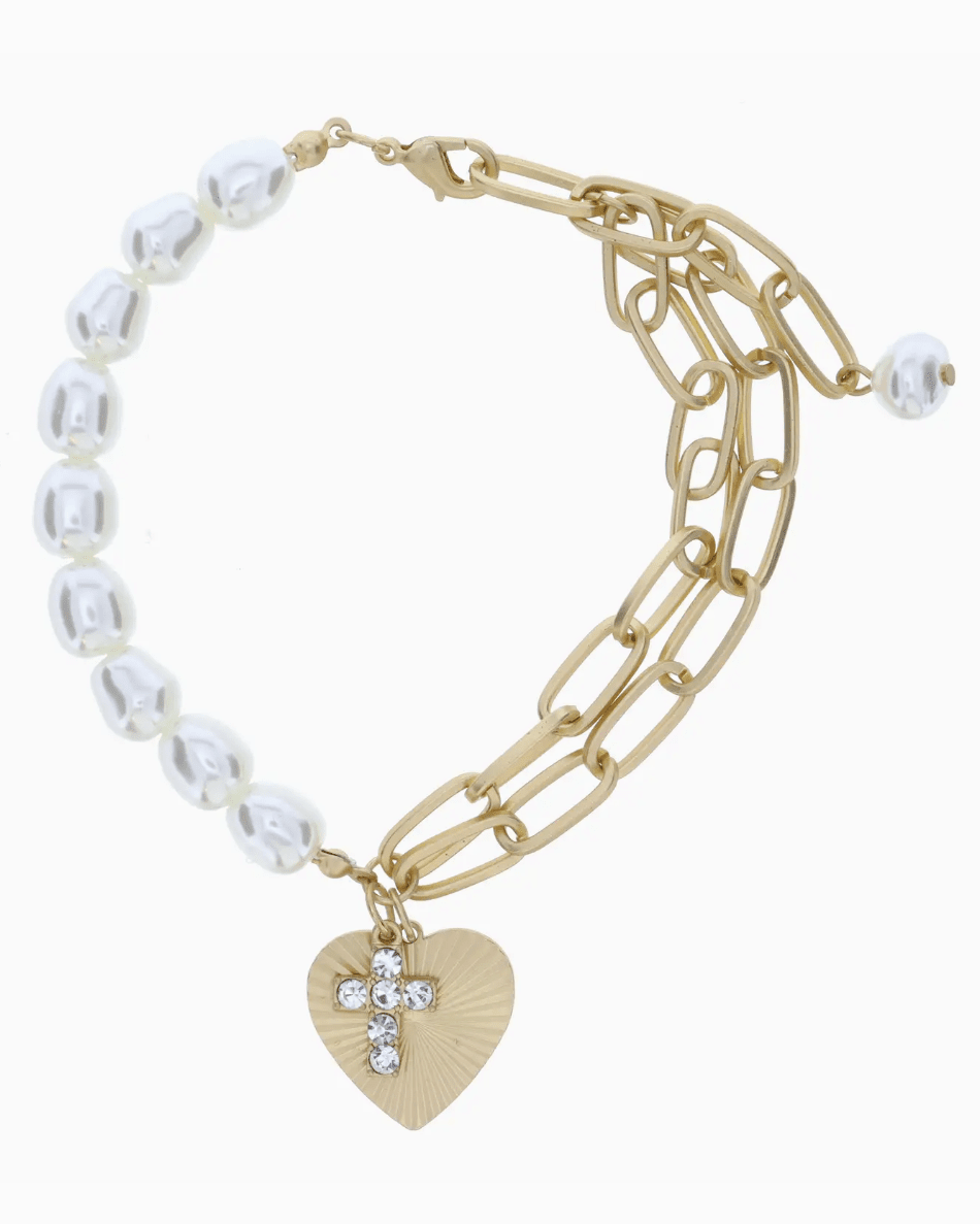 Half Pearl, Half Double Chain with Heart & Cross Bracelet