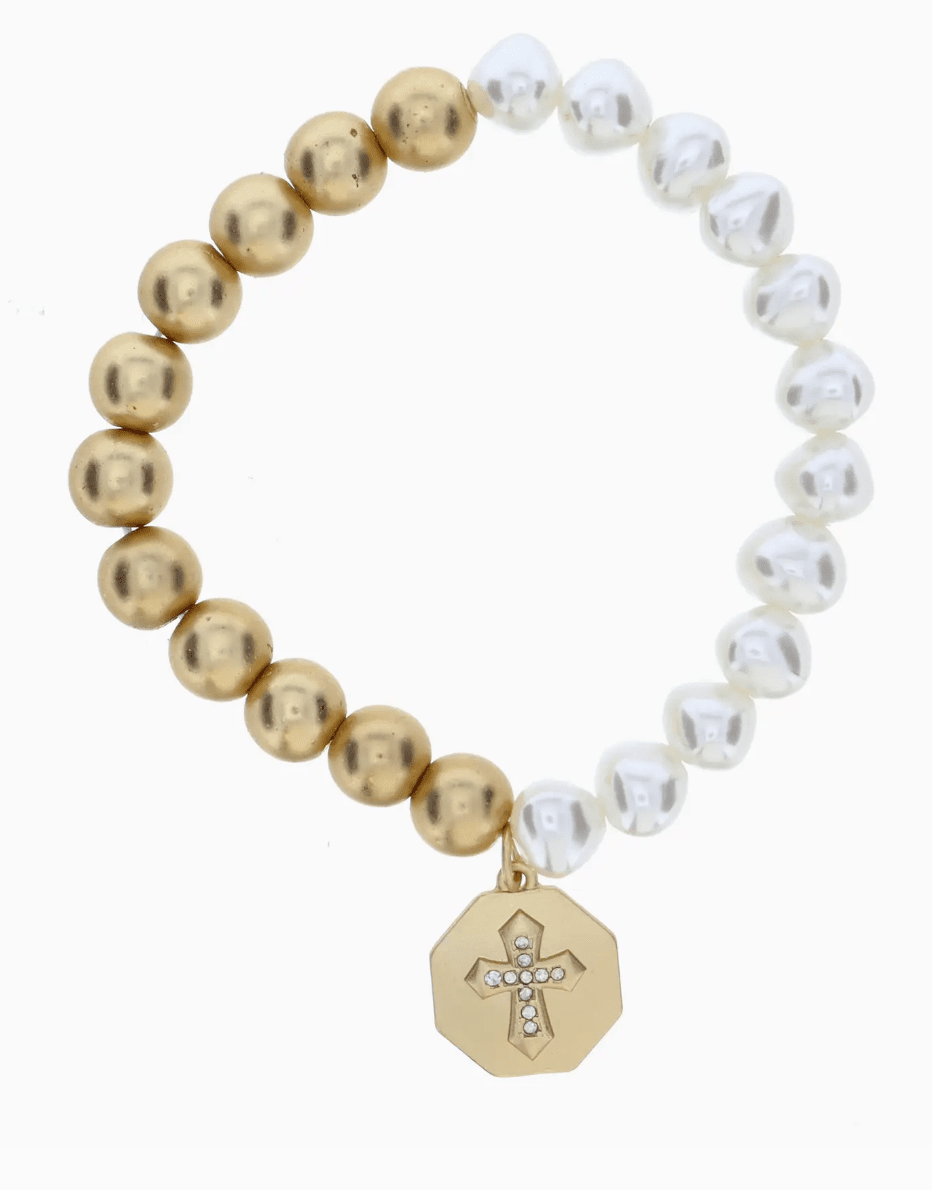Half Pearl, Half Gold Beaded with Cross on Octagon Bracelet