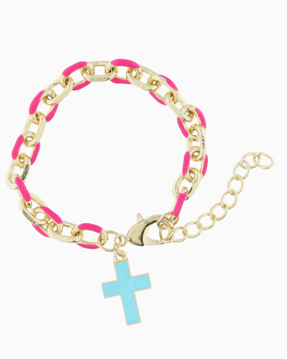 Kids Hot Pink Chain and Mint Cross Bracelet