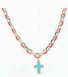 Kids Hot Pink Enamel Chain & Mint Enamel Cross Necklace
