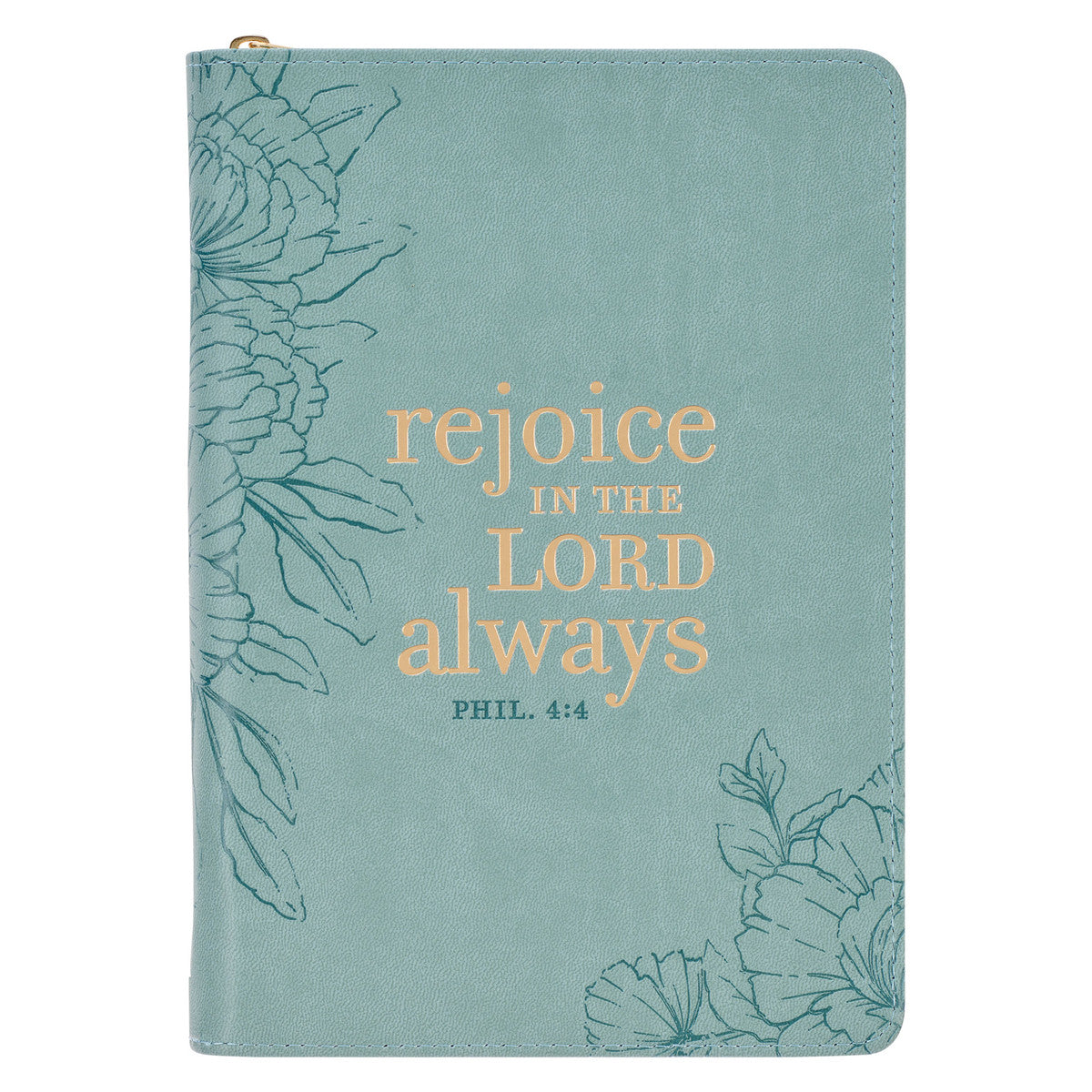 Rejoice Teal Floral Faux Leather Classic Journal with Zippered Closure - Philippians 4:4