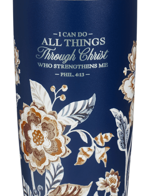 I Can Do All Things Through Christ Navy Floral Travel Tumbler