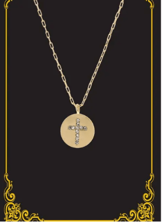 Gold Disk with Crystal Cross Necklace