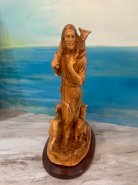 Jesus, The Good Shepherd Olivewood Statue