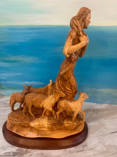 Jesus, The Good Shepherd Olivewood Statue