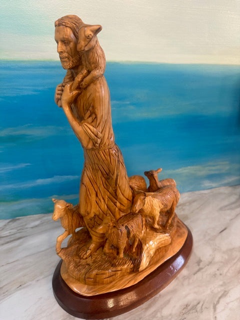 Jesus, The Good Shepherd Olivewood Statue