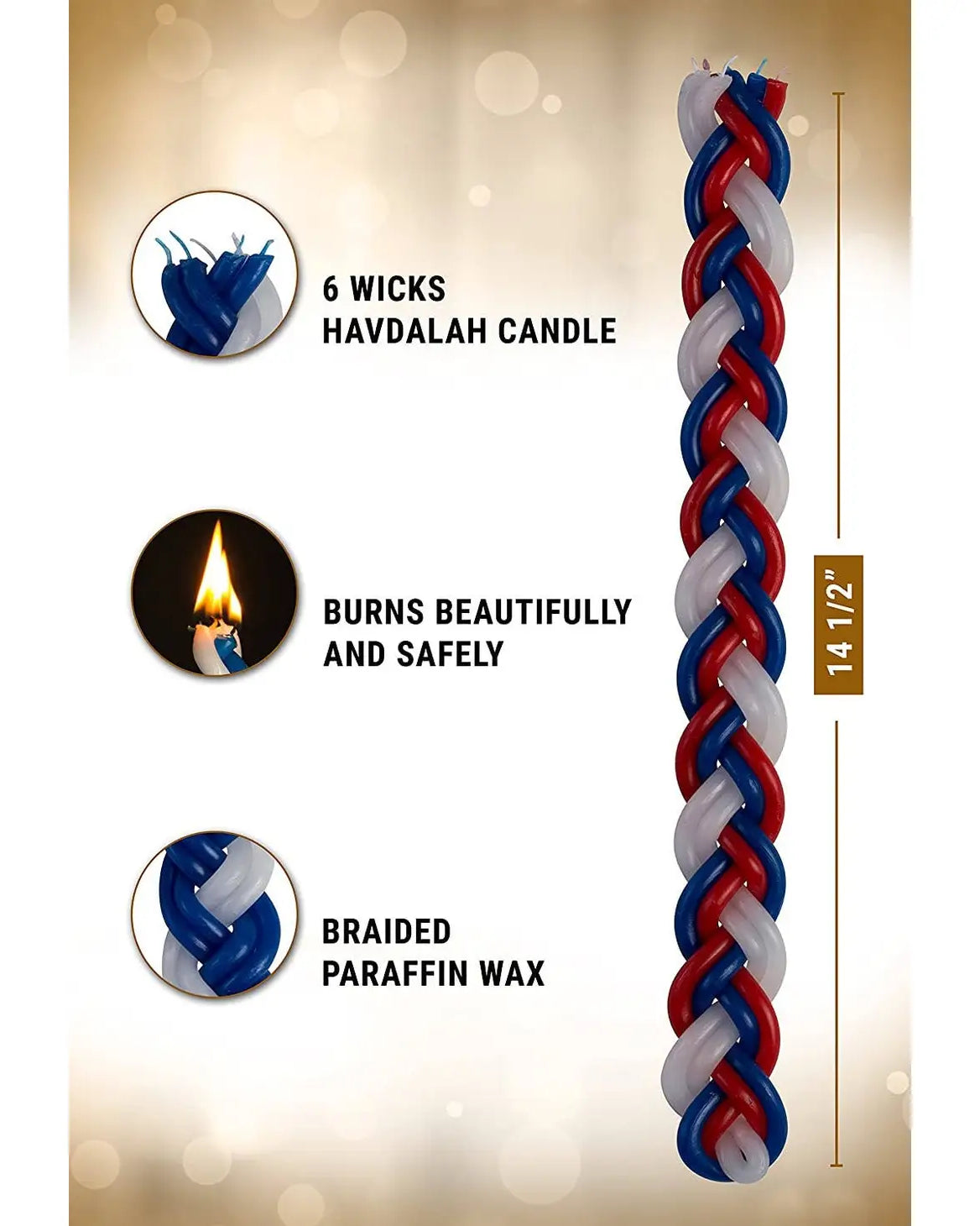 Large Braided Havdalah Candle - Flat - Blue, White & Red