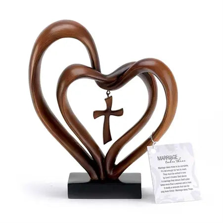 Brown Tabletop Double Heart With Cross