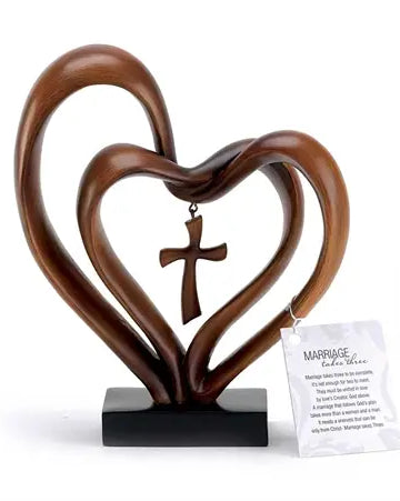Brown Tabletop Double Heart With Cross