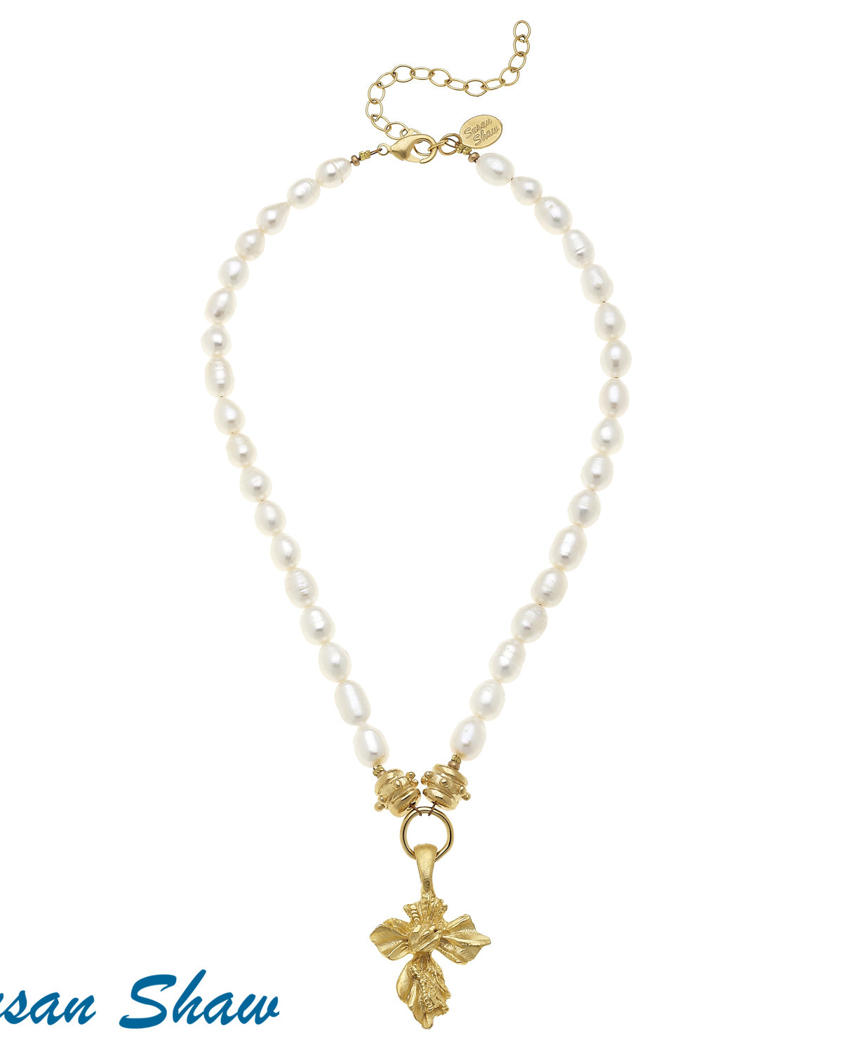 Gold Vintage Cross on Freshwater Pearl Necklace